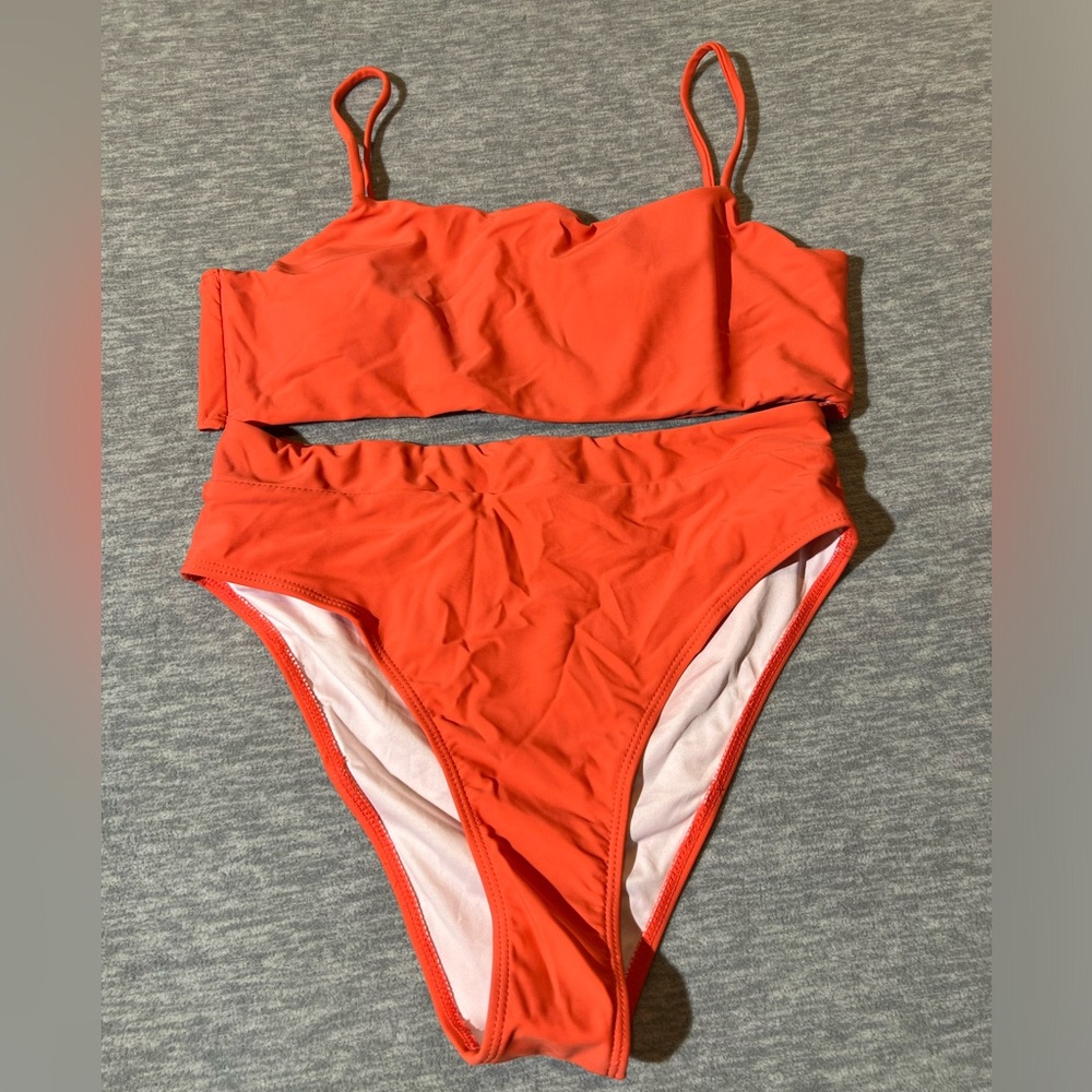 Moshengqi bikini women M high cut bottom 2‎ piece swimsuit orange solid new
